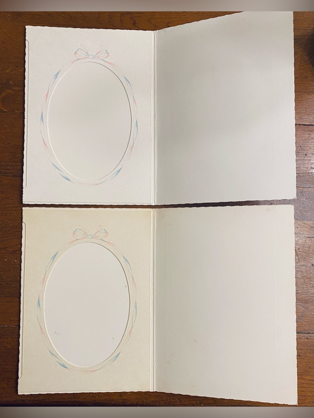 2 VTG Photo Frame Paper Pink Blue Ribbon Detail Folding Baby First Oval 4x6
